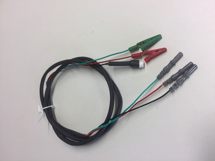Alligator - Crocodile clip cable 125cm for Clavis, red, green and black wire with female connector.