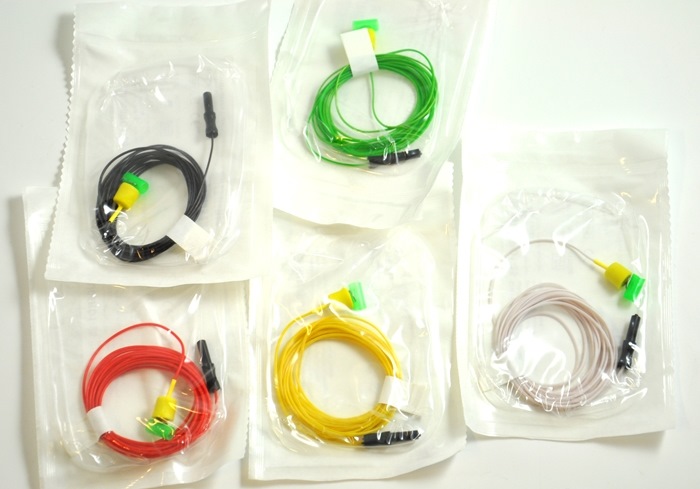 Disposable Corkscrew Needle Electrode, Wire 250cm, Needle 0,7mm, box of 25, 5x5 colors.