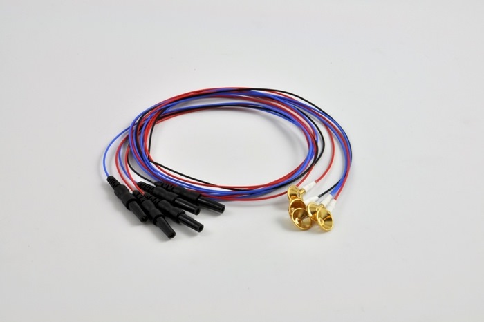 EEG Gold Cup Electrode (10 mm) set, 2 x red, 2 x blue, 1 x black, Touch Proof Connector 1.5mm, 75 cm cable