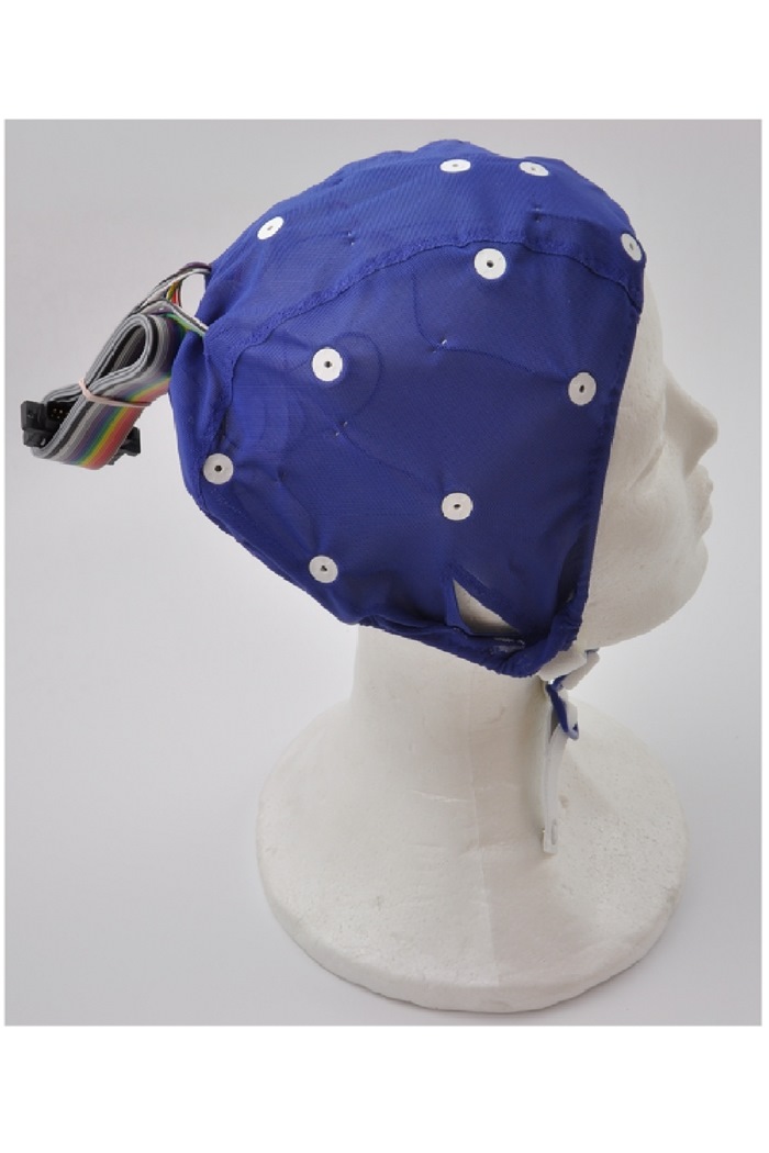 Electro-Cap size Large (Blue cap 58-62cm) with REF=Fcz (pin 13) with 2 EOG electrodes and ear slits. 25 pin connector + EXTRA 4 cm