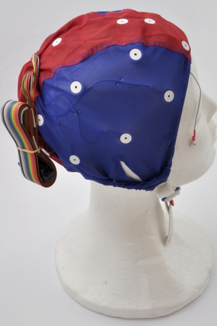 Electro-Cap size Large/Medium (Blue/Red cap 56-60cm) with REF= pin 13 (Cpz), with 2 EOG electrodes and ear slits. 25 pin connector