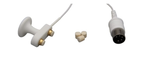 Hand-Held Stimulator electrode, incl. 12 pcs 6mm felt tips & 2 gold coated stainless steel insterts S 20 mm apart, 150cm cable. 5 pole 270° DIN